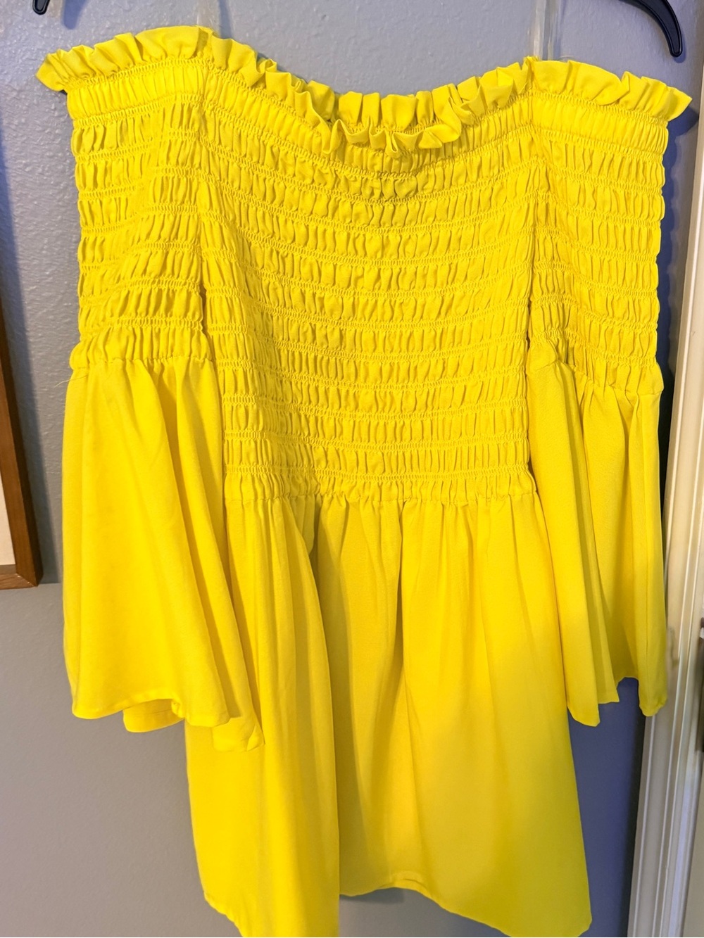 Rouge! Bright Yellow Off-Shoulder Smocked Blouse